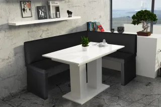 Eckbankgruppe 168x128 cm ROBIN L Schwarz / Esstisch DANTE Weiss HGL