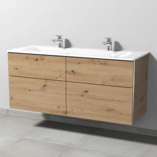 Sanipa 3way Glas-Set Glas-Doppelwaschtisch und Unterbau mit 4 Auszügen, Eiche Natural-Touch BR20885