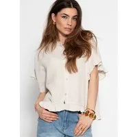 SASSYCLASSY Kurzarmbluse Oversize Musselin Hemdbluse Damen mit Rüschensaum Kurzärmelige Musselinbluse aus Baumwolle mit V-Ausschnitt