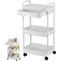 TUWENA Servierwagen 3-stöckiger Rollwagen mit Tischplatte&Schubladen,Küchenwagen mit Griff, Multifunktional Servierwagen Roll Regal für Büro, Wohnzimmer, Küche