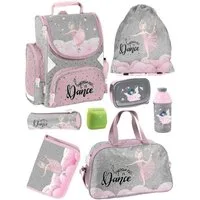 Familando Schulranzen Ballerina Ballett Schultasche, rosa, für Mädchen 1. bis 4. Klasse (Set, 8-tlg., inkl. Federmappe, Lunch-Set und Sporttasche), ergonomisch, 1.010 Gramm leicht, 18L Volumen