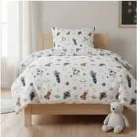 MTOnlinehandel Kinderbettwäsche Space Weltall-Abenteuer 135x200 + 80x80 cm in Renforcé, Rakete, 100% Baumwolle, 2 teilig, Galaxis • Weltall • Blau • Weiß • Beige