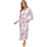 Donna Morgenmantel Damen Kimono lang mit Blumenprint, Viskose, Schalkragen, Bindegürtel, Eleganter Viskose-Morgenmantel mit Gürtel & Taschen, ca. 130 cm