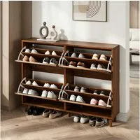 Merax Schuhschrank in Walnussholz-Optik (Schuhregal Schuhaufbewahrung für Eingangsbereich, 1-St) Schuhkommode mit 4 Kipptüren, 8 Fächern & Stauraum, 120x24x90cm