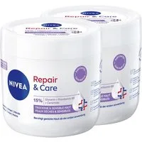 Nivea Tagescreme Repair & Care Creme-Tiegel Parfümfrei 400ml, 2-tlg., angereichert mit 15% Glycerin, Provitamin B5 und Ceramide