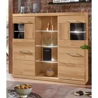 OTTO home Highboard Ribe,120cm breit,112cm hoch,Oberplatte massiv,12 Fächer, Holz massiv, Holzwerkstoff, Metall Griffe,2Türen mit Glaseinsatz