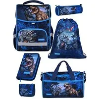 Familando Schulranzen Basic Plus 1.-4. Klasse ergonomisch, leicht, Volumen 15 Liter (Set, 6-tlg., inkl. Federmäppchen und Sporttasche), Dino T-Rex Dinosaurier Motiv