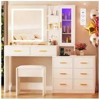 BEWISHOME Schminktisch mit Spiegel und Hocker, acht Schubladen, 131 x 40x 140cm (1-St), farbiger Beleuchtung und einstellbarer LED-Beleuchtung