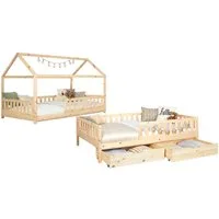 Ticaa Hausbett Duo mit Rausfallschutz und Schubkasten aus Kiefer, Bodenbett 90x200, inkl. abnehmbarem Dach, mit Rollrost