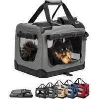 lionto Tiertransportbox stabil aus Textil, für Hunde und Katzen bis 10 kg, 50x36x34 cm, grau