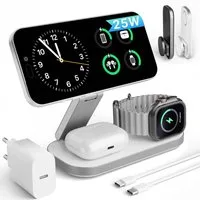 GreenHec Ladestation 25w Apple Watch iPhone 17 16 3in1 MagSafe Wireless Charger Wireless Charger (3000 mA, Spar-Set, 3in1 PowerBase + USB-C Kabel + 35w Ladegerät, Pro Max Air Plus Charging Station Kabelloses Induktionsladegerät Fast)