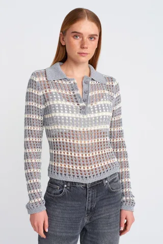 Gestreifter Polo-Kragen Knopfstrickpullover