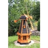 Holzdekoladen Deko-Windrad 6-eckige Gartenwindmühle aus Holz mit weißen Solarlicht & Flügel