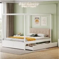 Odikalo Himmelbett Polsterbett Holzbett Schubladen weicher Rückenlehne weiß 140*200cm, Zwei große Schubladen, einfach zu montieren, schlichtes Design