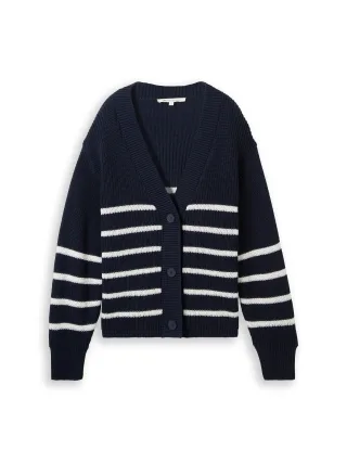 Denim Tom Tailor - Cardigan mit V-Ausschnitt placed navy white stripe - Gr. - XL