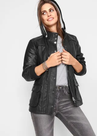 bonprix Lederimitat-Jacke, schwarz, Gr.46, Tolle Lederimitat-Jacke mit abnehmbarer Kapuze