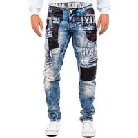 Cipo & Baxx Bikerjeans Herren Regular Fit Hose Stonewashed BA-CD482 mit Kunstleder Bereichen und Verzierungen