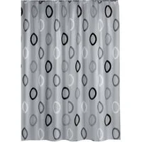 Ekershop Duschvorhang Textil Grau mit Weiß Schwarz Kreisen für Duschstange Breite 220 cm (inkl. Ringe), Höhe 200 cm, wasserabweisend, waschbar, bügelbar