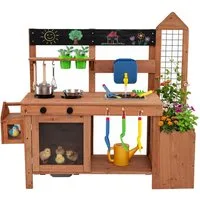 COSTWAY Outdoor-Spielküche Holz, Mit abnehmbarem Vogelkäfig, Pflanzkasten, Spalier