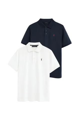 Zweierpack Herren-Poloshirts marineblau und weiß mit kurzen Ärmeln und gesticktem Rigby Go Logo