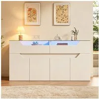 Merax Sideboard mit LED-Beleuchtung, Aufbewahrungsschrank Buffetschrank Anrichte (1 St), Kommode mit 2 Schubladen, 4 Türen, gehärteter Glasplatte & Stauraum