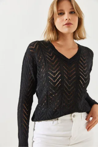 Strukturierter V-Ausschnitt Strickpullover