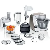 BOSCH Küchenmaschine Serie 4 MUM5XW40, integr. Waage, Durchlaufschnitzler, weiß/champagner, 1000 W, 3,9 l Schüssel, 4 Scheiben, Mixer, Fleischwolf, Zitruspresse, Profi Patisserie-Set