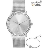 crystal blue Quarzuhr Damenuhr Mesh mit cubic Zirkonia Kristallen & Glamourarmband, (2-tlg), kostenlose Lieferung