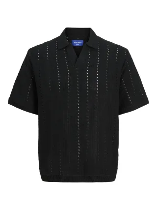 JACK&JONES - JORPAROS KNIT EASTER SS CROCHET POLO black - Gr. - L