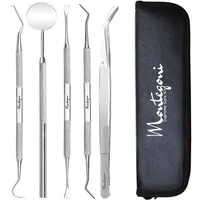 Montegoni Zahnpflege-Set 5er Set für Zahnreinigung Zahnsteinentferner aus Hochwertige Edelstahl, Zahnpflege Set für den Heimgebrauch – Persönliche und Haustier-Mundhygiene, 5-tlg., Zahnsonde Mundspiegel Scaler