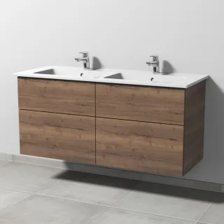 Sanipa 3way Keramik-Set Venticello Keramik-Doppelwaschtisch und Unterbau mit 4 Auszügen, Eiche-Tabak SM32850