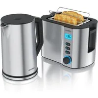 Arendo Frühstücks-Set Edelstahl Wasserkocher 1,5l, 2-Scheiben Kurzschlitz Toaster, silber (2-tlg), Wasserkocher mit Temperatureinstellung 2200W, Toaster Brötchenaufsatz