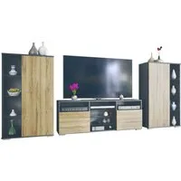 Vladon Wohnwand Davos, (Anbauwand, bestehend aus 2 Vitrinen und 1 TV-Board), Anthrazit matt/Eiche Natur (329 x 134 x 35 cm)