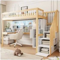 Flieks Hochbett Kinderbett 90x200cm mit Ambientelicht, Ablagefächer und Schreibtisch
