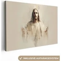 OneMillionCanvasses® Leinwandbild Porträt - Abstrakt - Jesus - Beige, Fotodruck (1 St), Leinwand Bilder Klein, Wand Dekoration Aesthetic 30x20 cm