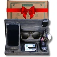 PEGSEN Nachttisch Organizer für den Schreibtisch Dockingstation Aufbewahrung aus Holz (Aufbewahrung für Uhr, Kopfhörer, Brille, Tablet & Buch), handgefertigt, Handyladestation