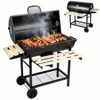 SunJas Holzkohlegrill XXL CA-30 mit Holzregal Thermometer und Aschenbecher, Grillfläche: 70 x 38,5 cm, Gartengrill mobiler Grill Outdoor Grill