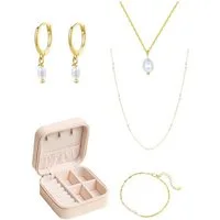 Hey Happiness Ohrring und Ketten Set Armband Perlen 5er Layer Silber 925 Damen in Etui, 18K Gold (Set, 2 Ketten, Perlenohrringe, filigranes Armband, Schmuckorganizer), Naturperlen Halsketten Armkette Creolen Perle, Brautschmuck