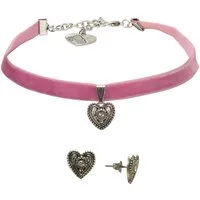 Alpenflüstern Ketten-Set Trachtenschmuck-Set Trachten-Samt-Kropfband und Ohrstecker Trachtenherz (rosa-ros), - Damen-Trachten-Schmuck, Trachtenset Trachtenkette und Trachten-Ohrringe