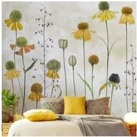 Bilderdepot24 Fototapete Blumen Helenium Blüten Blumentapete Floral Natur Vintage Kunst Gelb, Glatt, Matt, (Vliestapete inkl. Kleister oder selbstklebend), Wohnzimmer Schlafzimmer Küche Flur Motivtapete Vliestapete Wandtapete