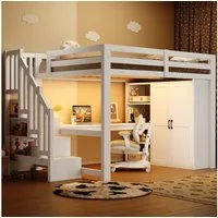 Merax Hochbett 140x200cm mit LED-Beleuchtung und USB (Massivholz Jugendbett Etagenbett, 1-St., 252,5 x 144,5 x 170 cm) Kinderbett mit Kleiderschrank Schreibtisch Stauraumtreppe & Ablagefach