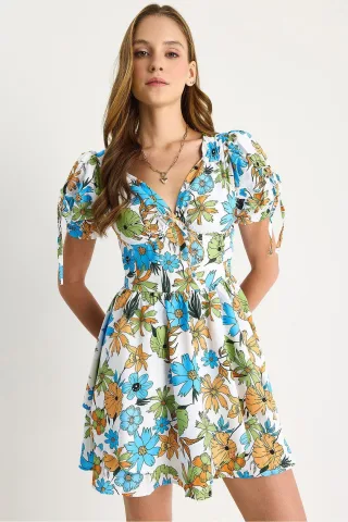 Bedrucktes V-Ausschnitt Midi-Kleid mit Ausschnitten