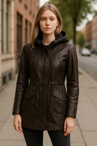 Damen Parkajacke aus braunem Leder mit Kapuze – Clare
