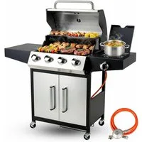 TLGREEN Gasgrill 4+1 Brenner,15 kw Gas Grillwagen BBQ mit Seitenkochfeld, Standgrill DE I3B/P(50) Gasdruckregler, Grillküche Camping Garten(Butan/Propan)