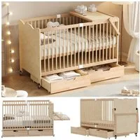 Flieks Babybett 4-stufige Lattenrost-Höhenverstellung, Bewegliches Gitterbett 70x140cm mit 2 Schubladen und Wickeltisch
