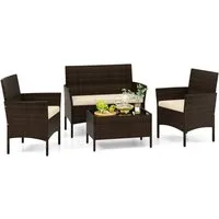 COSTWAY Balkonset, (4-tlg), 4 Personen, Rattan mit 2 Sessel, Bank, Tisch & Sitzkissen