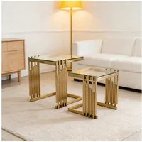 STILVORA Couchtisch rund 2er-Satztisch Wohnzimmertisch Sofatisch mit Glastischplatte (2er Set Beistelltische, quadratisch, Glas, goldenes Gestell, modern, gehärtetes Glas, Edelstahlbeine, großes+kleines Tischset), kratzfest, hitzebeständig, lichtdurc