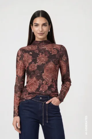 monari - Mesh Langarmshirt mit Paisleymuster black coffee gemustert - Gr. - 38