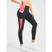 FemmeTone Leggings Damen High Waist Sportleggings, lange Fitness-Leggings, Yoga Pants Yogaleggings, Sporthose mit Handytasche und kontrastfarbenen Einsätzen