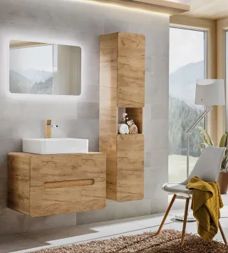Badmöbel Set 4-tlg Badezimmerset FERMO 80cm Gold Eiche inkl.Waschtisch